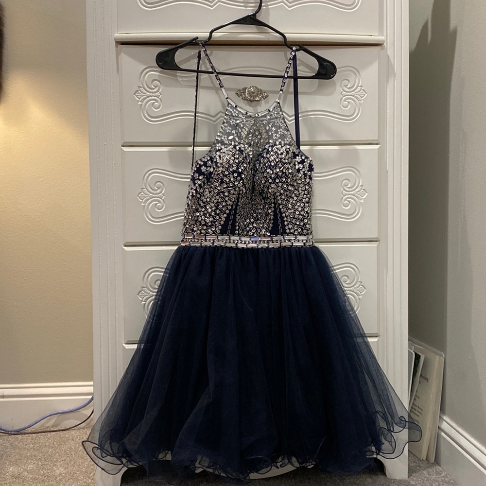 Navy blue rhinestone homecoming/formal dress. Not sure the exact size